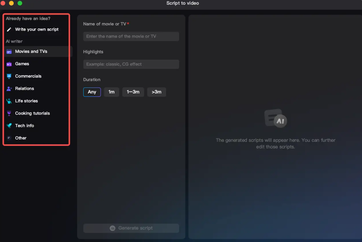 Writing a script inside AI script to video generator on CapCut editor