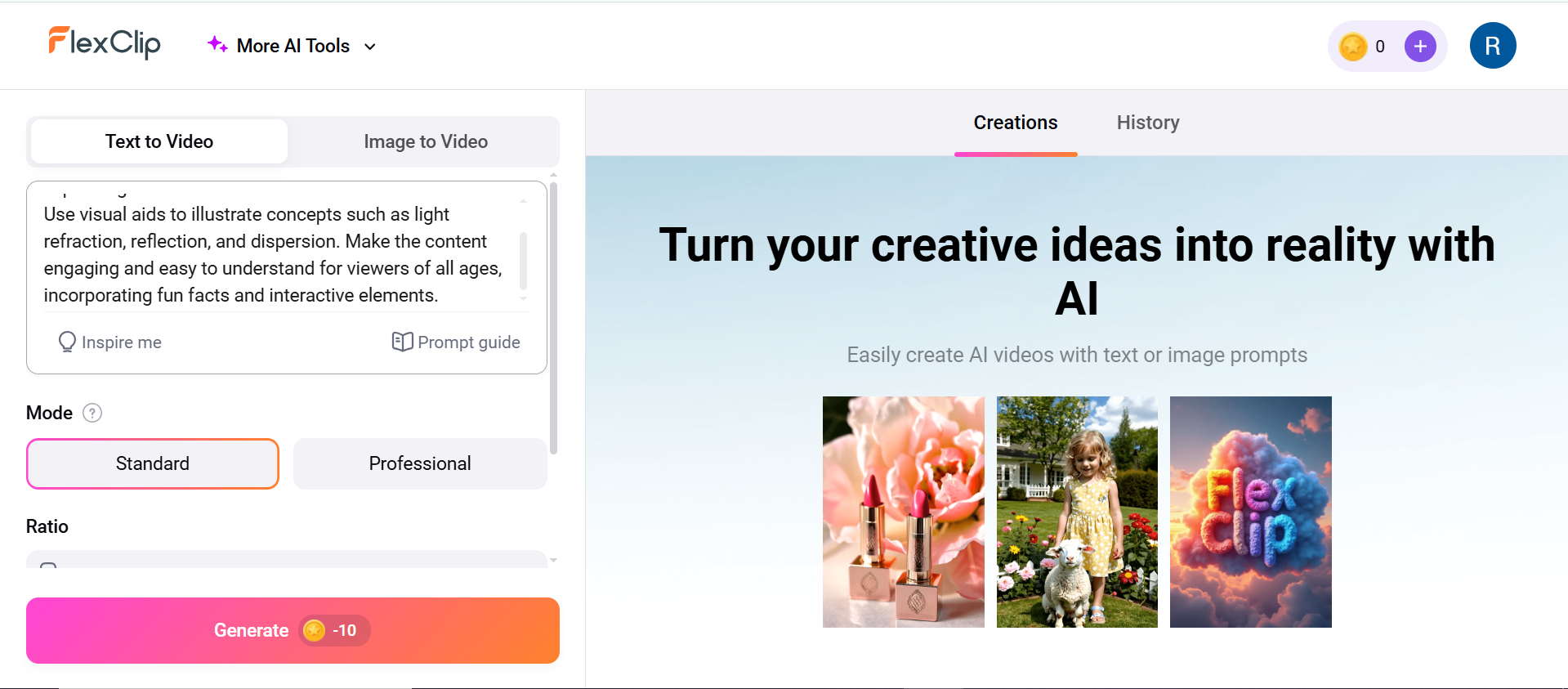 Schnittstelle von Flexclip - dem Online-Videotextgenerator
