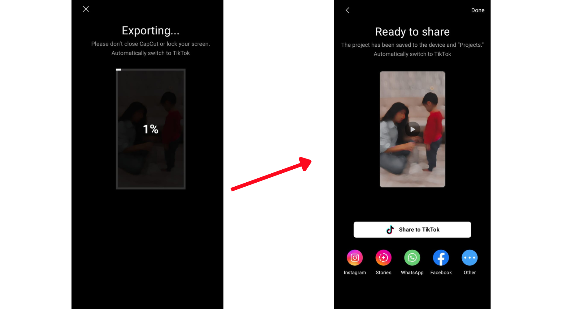 Image showing the exporting and sharing process in CapCut, ready for TikTok