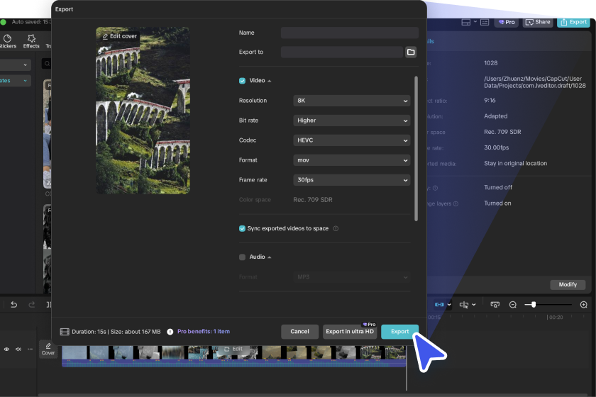 ייצוא הסרטון מיצרנית הקולאז 'והווידיאו של Capcut