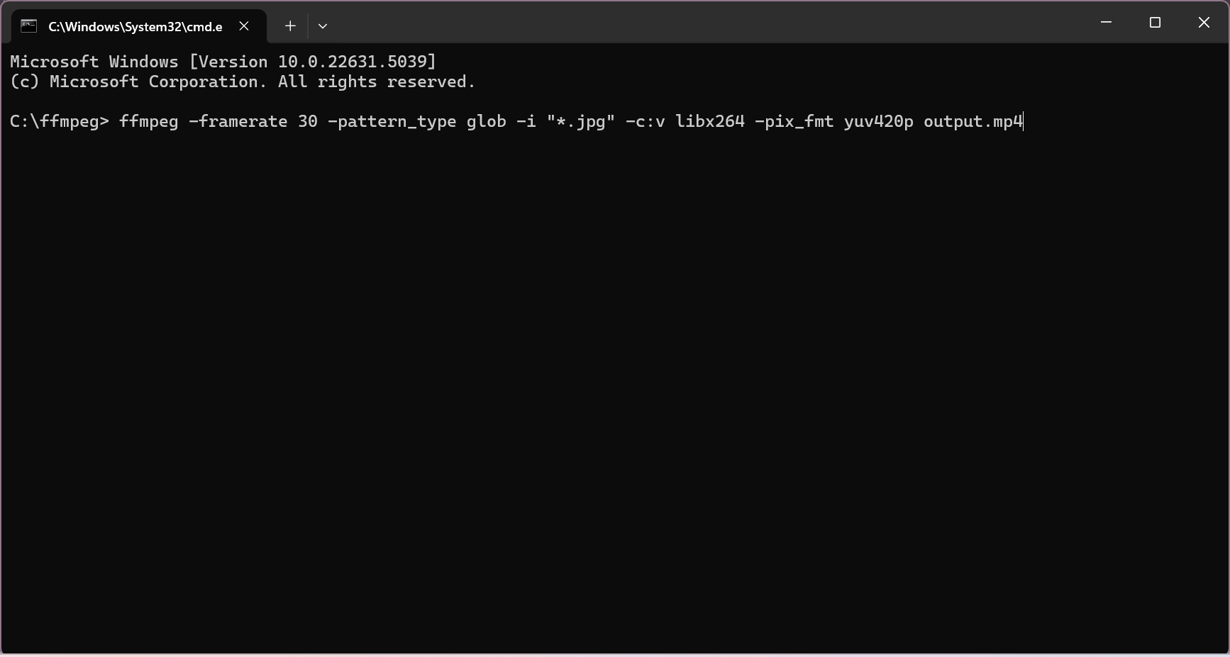 Insira o comando na imagem para vídeo FFmpeg