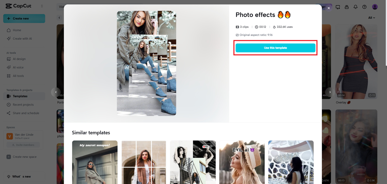 Search and select your photo effects template