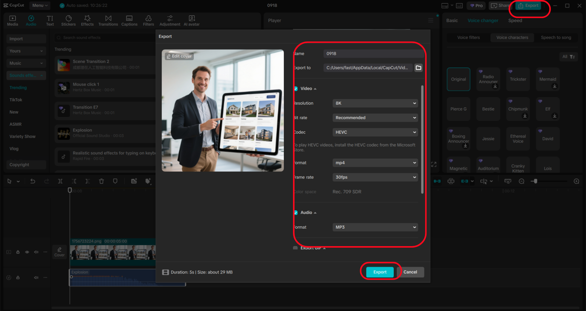 Export your video with CapCut voice changer applied