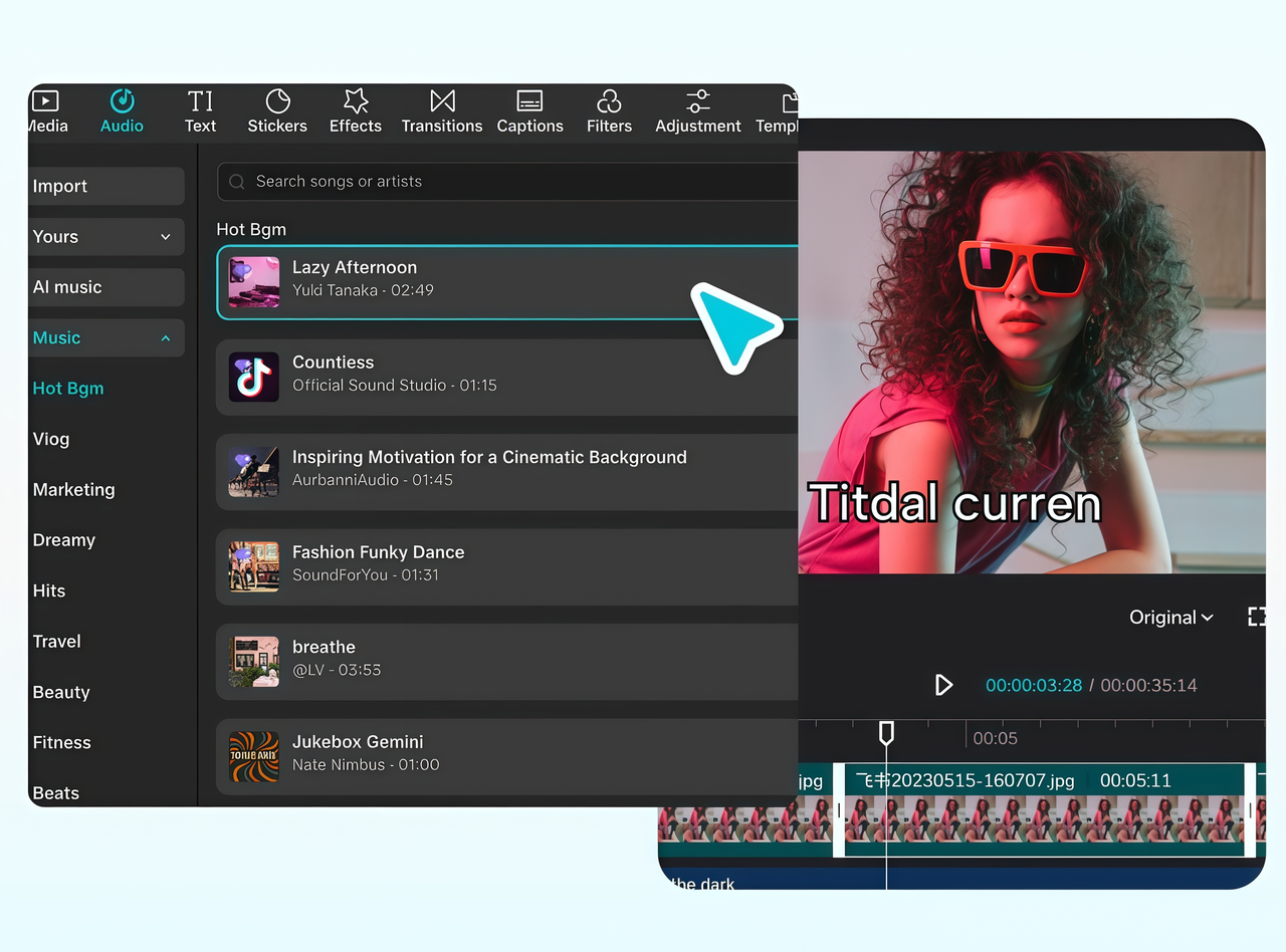 Import audio ke panel pelbagai trek di CapCut