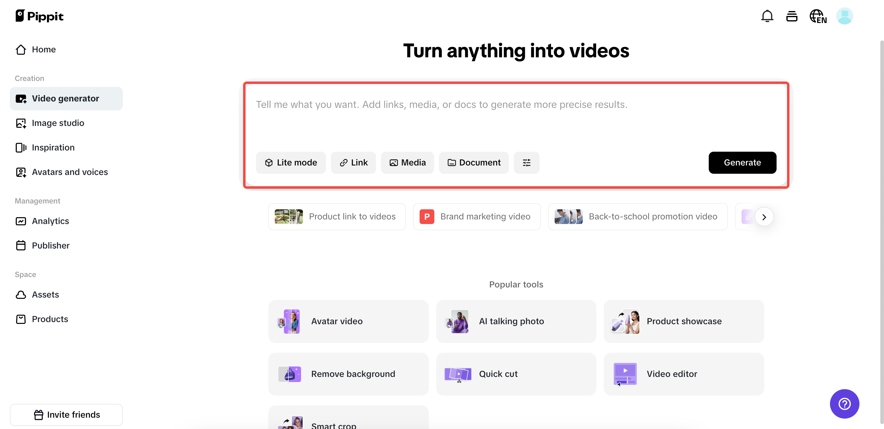 Siirry \"Video generator\" -osioon.