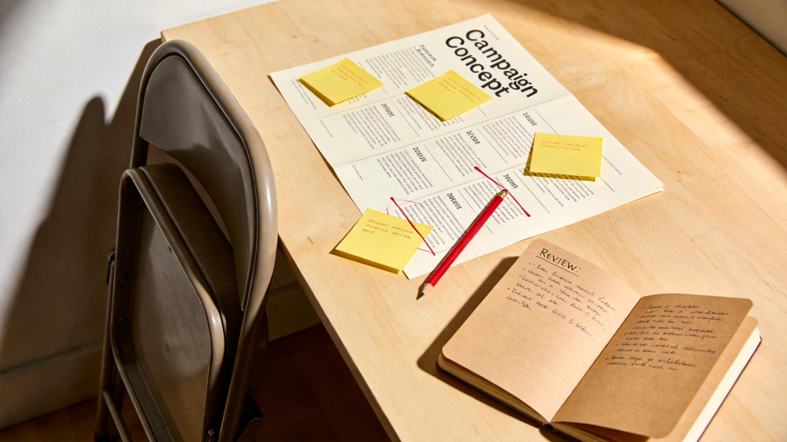 Campaign concept papers with sticky notes, a red pencil, and an open notebook on a desk