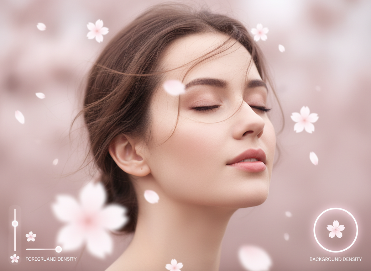 Close-up portrait with realistic sakura petals layered in front and behind, soft pink tones, clean background