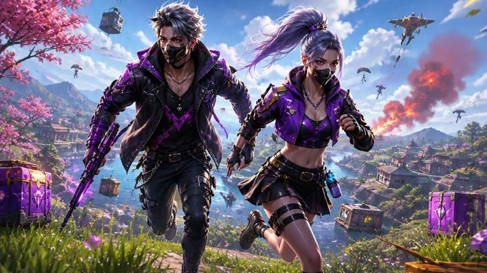 Gemini Free Fire Couple Prompts — a coordinated couple portrait with neon battle lighting