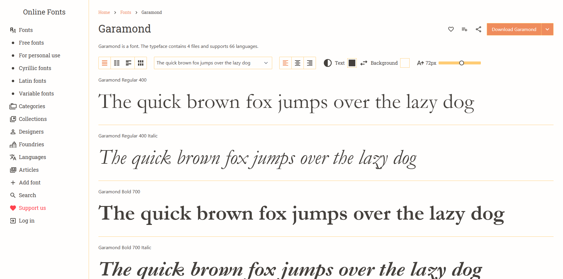 Interface of Online Fonts - an online site to get free Garamond fonts
