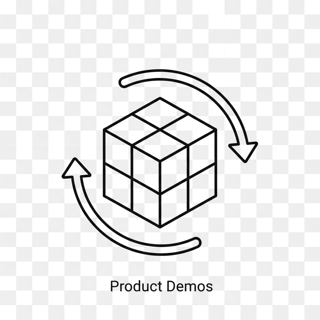 Use case icon — cube with rotation arrows for product demos.