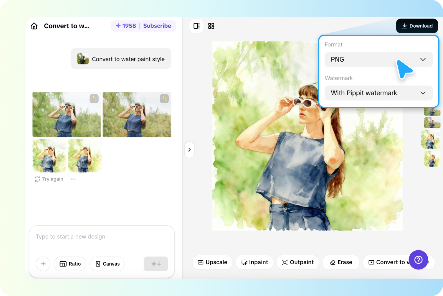 Экспортирование картины из Pippit