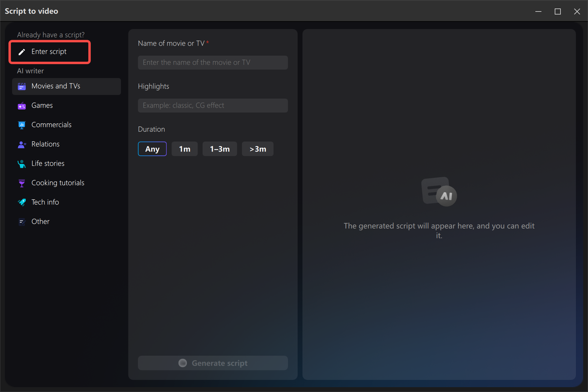 Conversione di script in video nell' CapCut editor video desktop