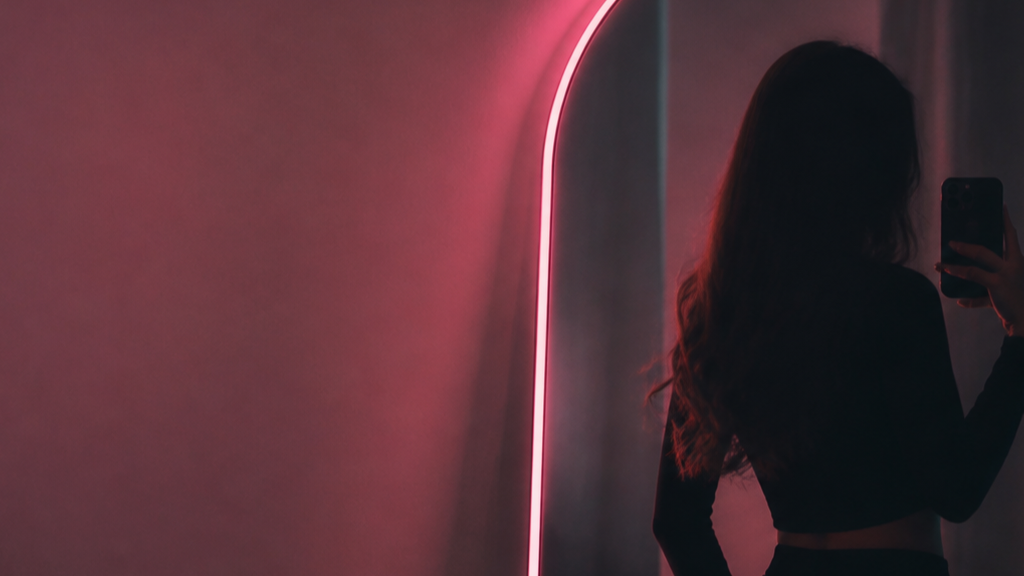AI Girl Mirror Phone Video prompt direction 3 original 16:9 visual