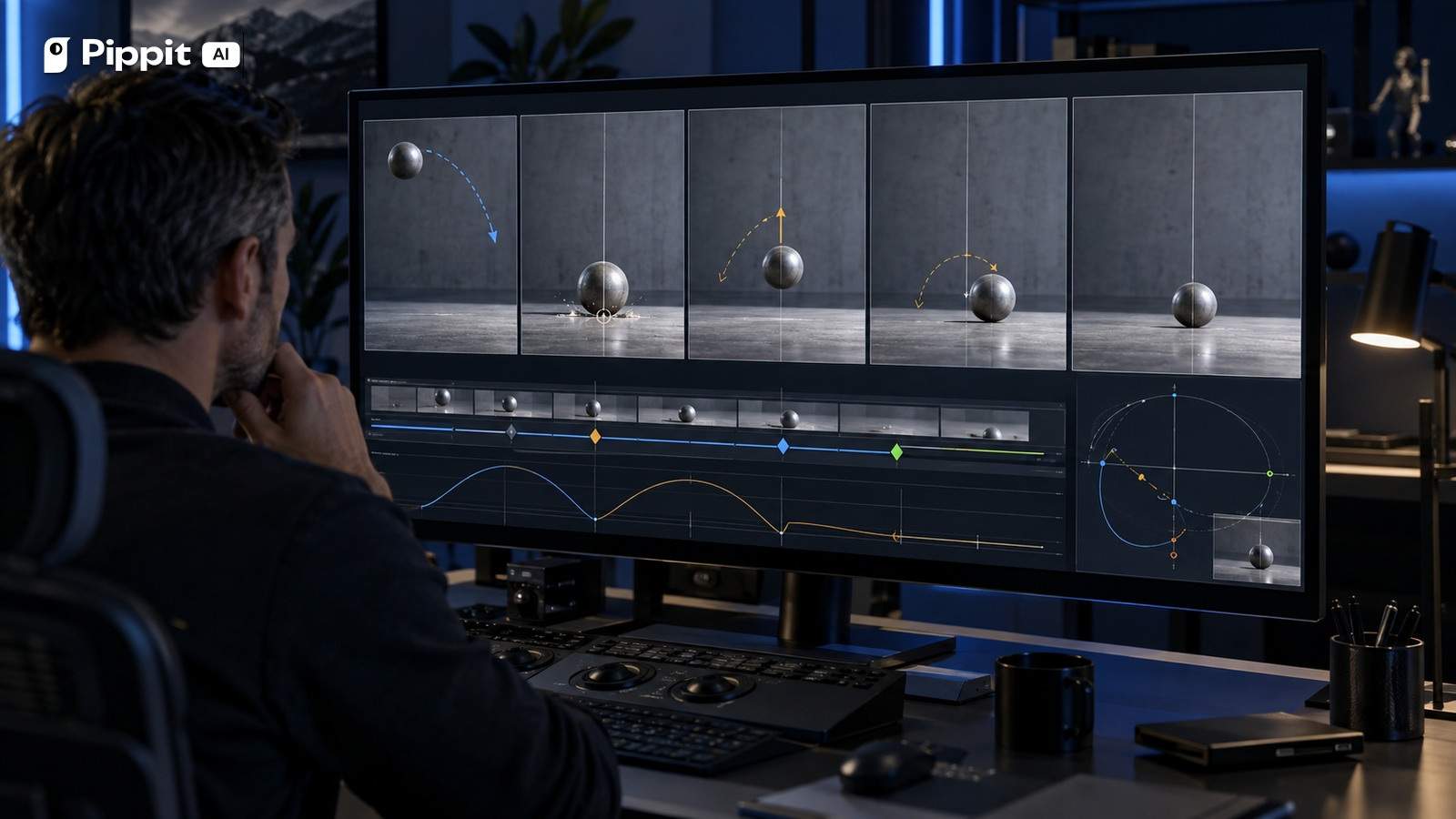 An editor studies five frames of a metal ball bouncing with motion paths and contact markers.