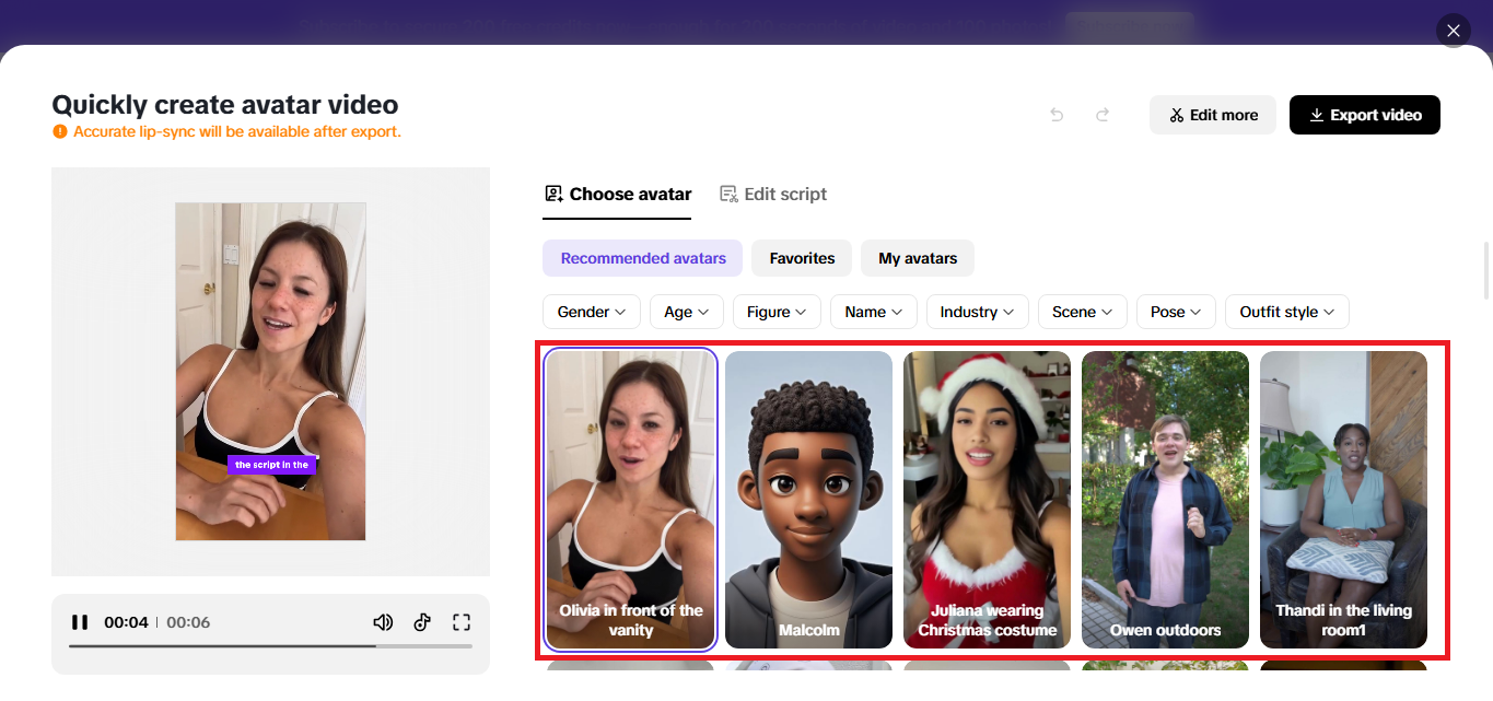 Range of avatars available to create videos in one-click without being repetitive