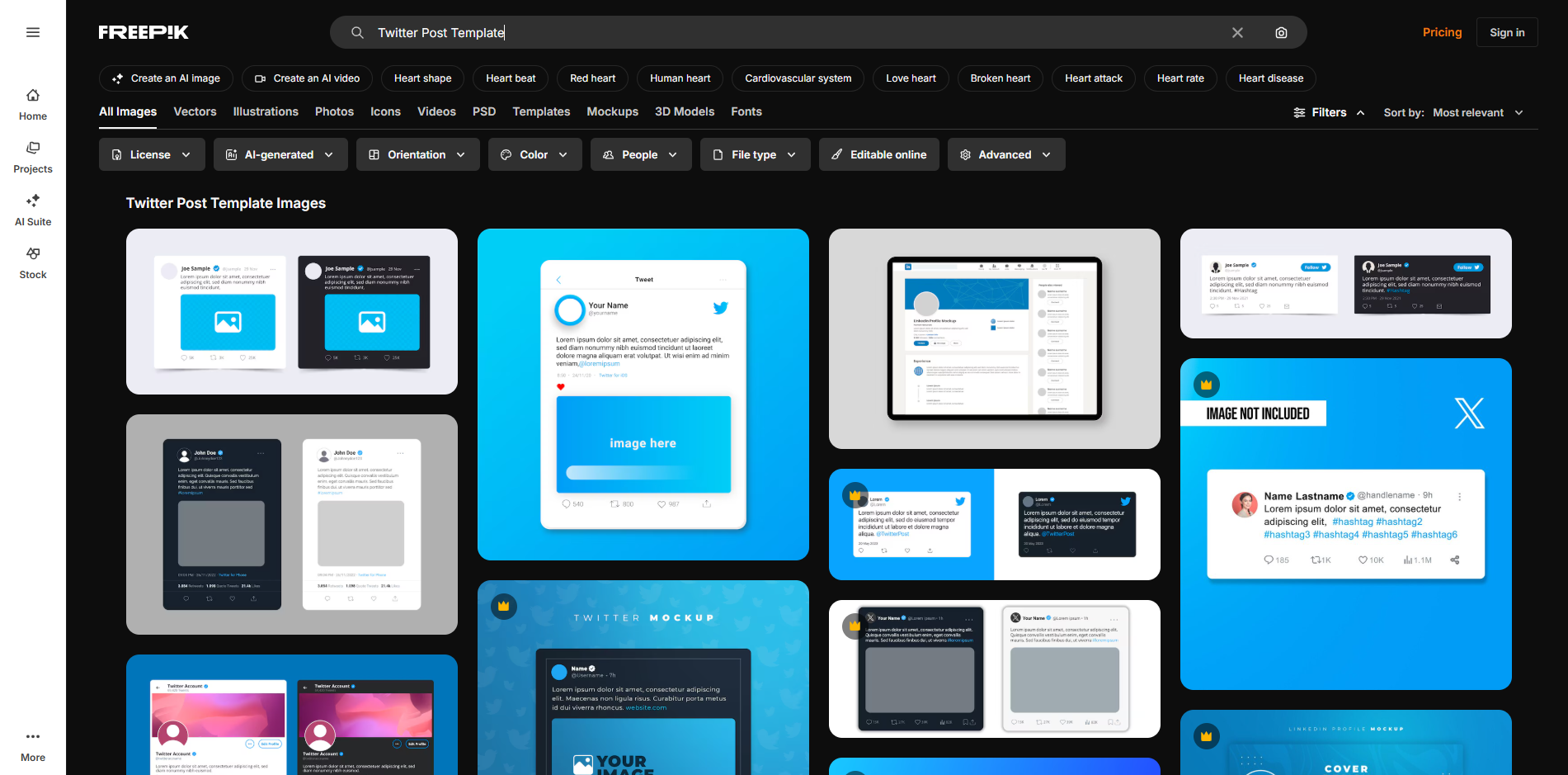 Interface of Freepik - another site to find free Twitter post templates