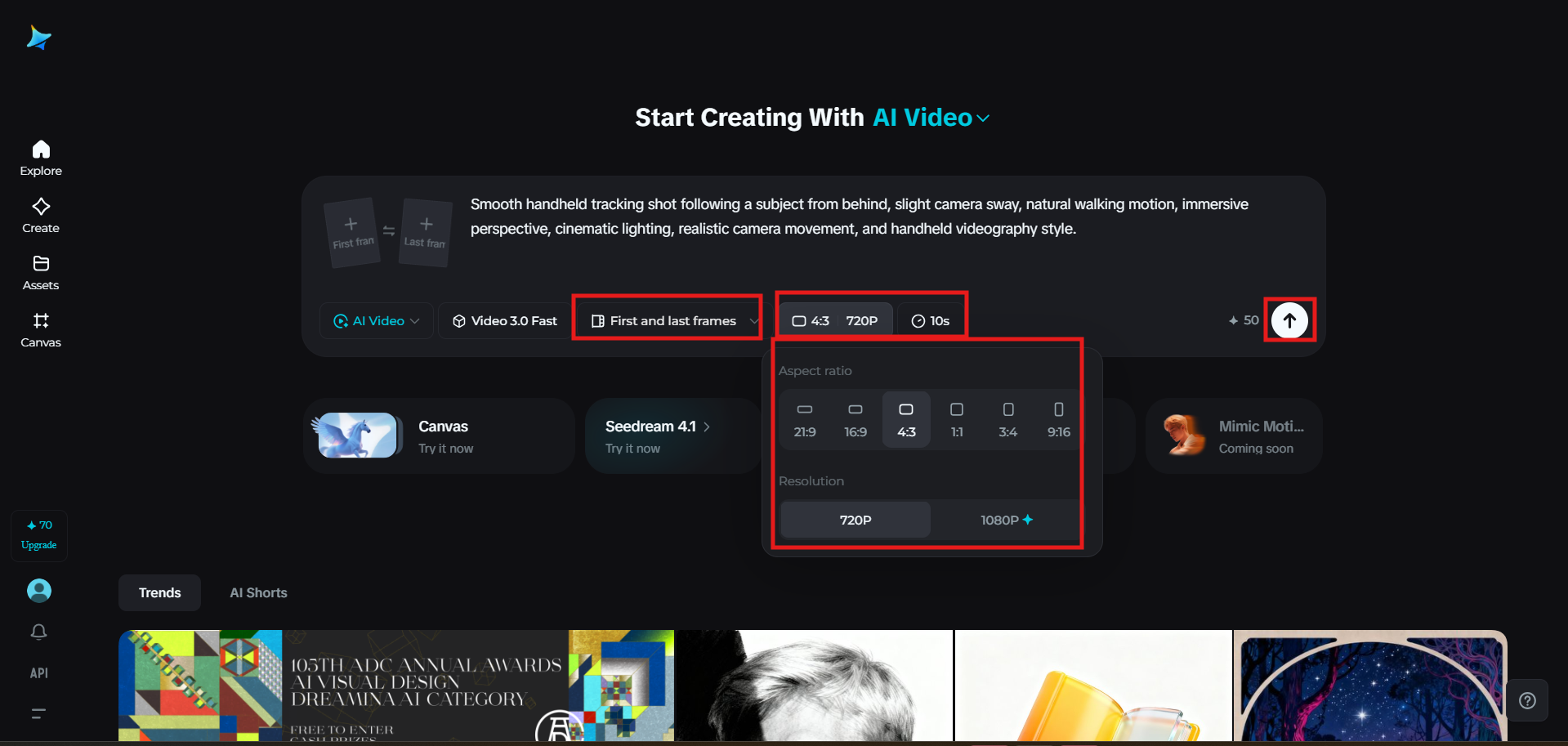 Select the Seedance 2.0 model for handheld shot video generation
