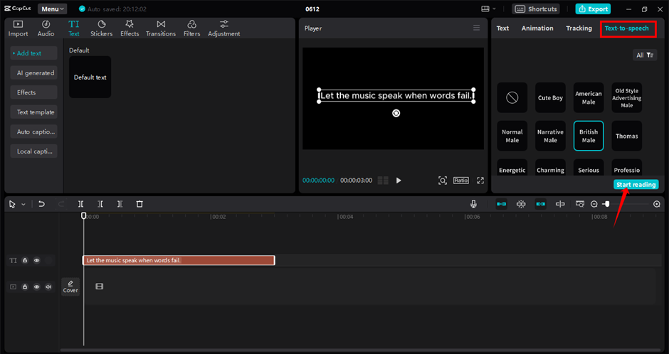 Converting text to speech in the CapCut desktop video editor