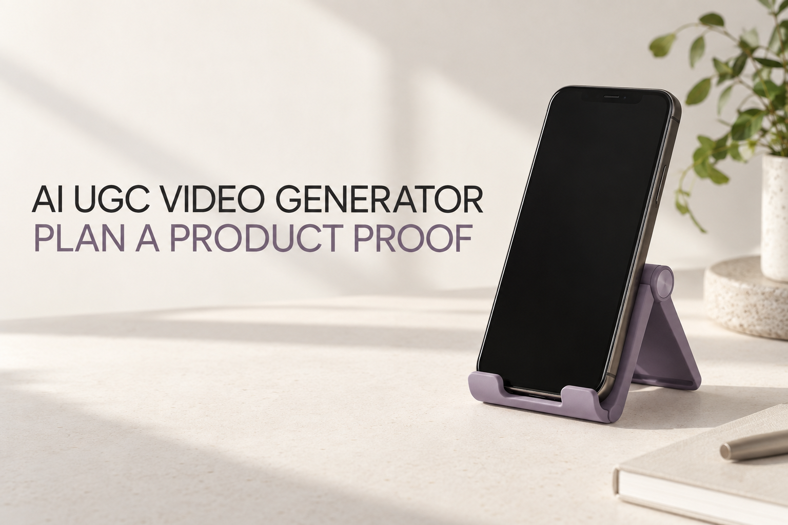 Violet foldable phone stand holding a blank phone beside the title AI UGC Video Generator Plan a Product Proof