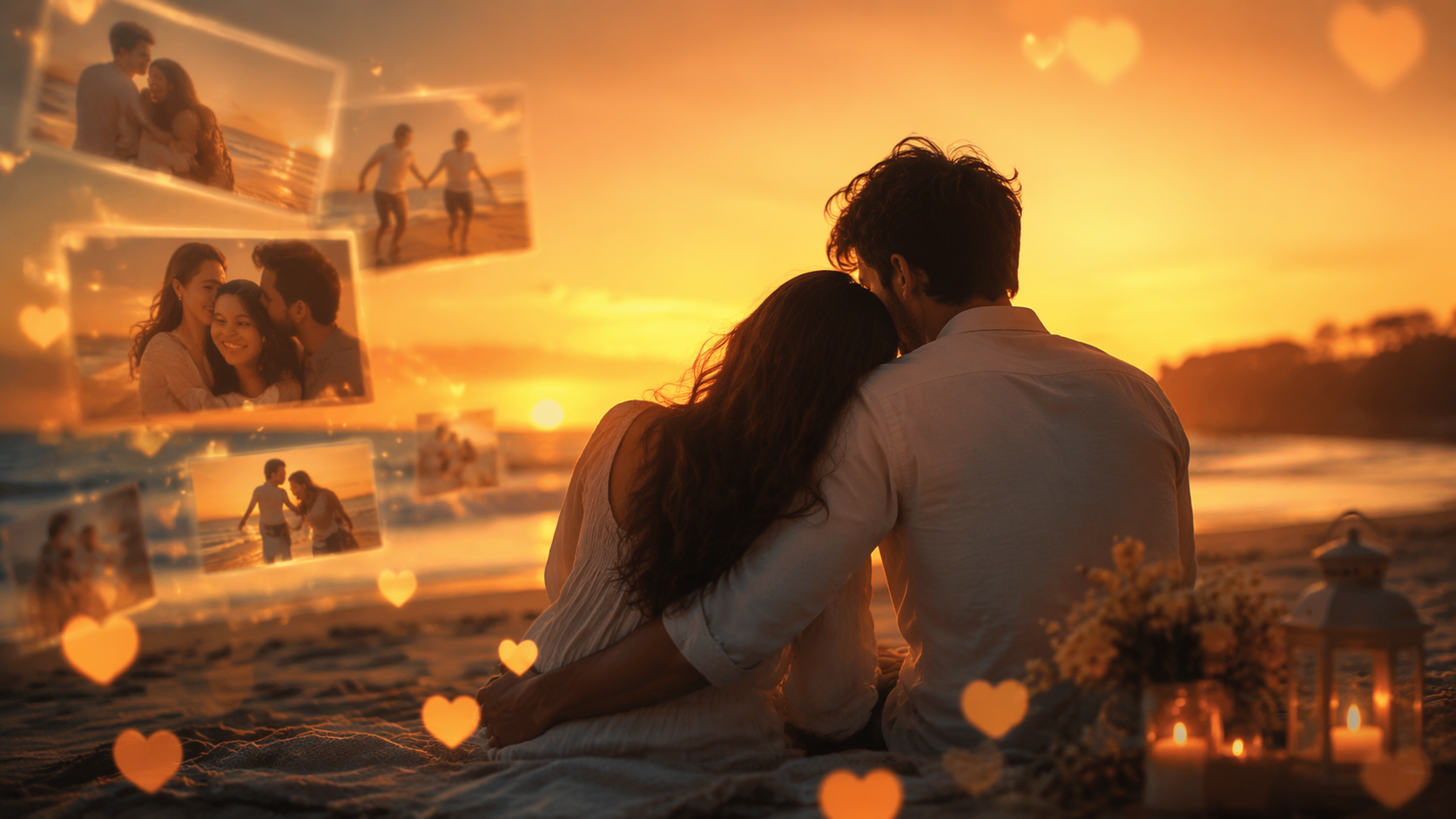 Anniversary love story visual at a romantic sunset