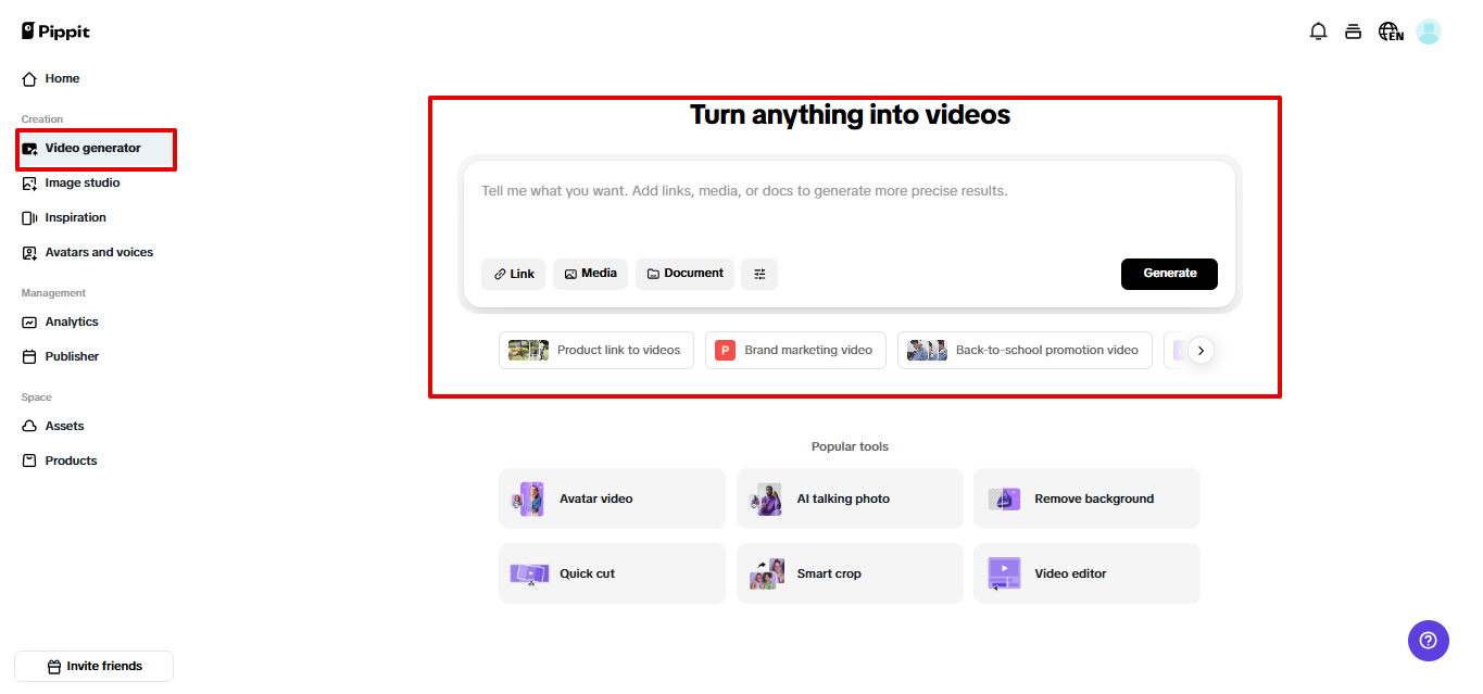 Video generator in Pippit