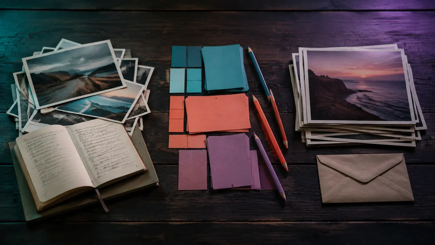 A tactile still life showing source material creative shaping and delivery preparation