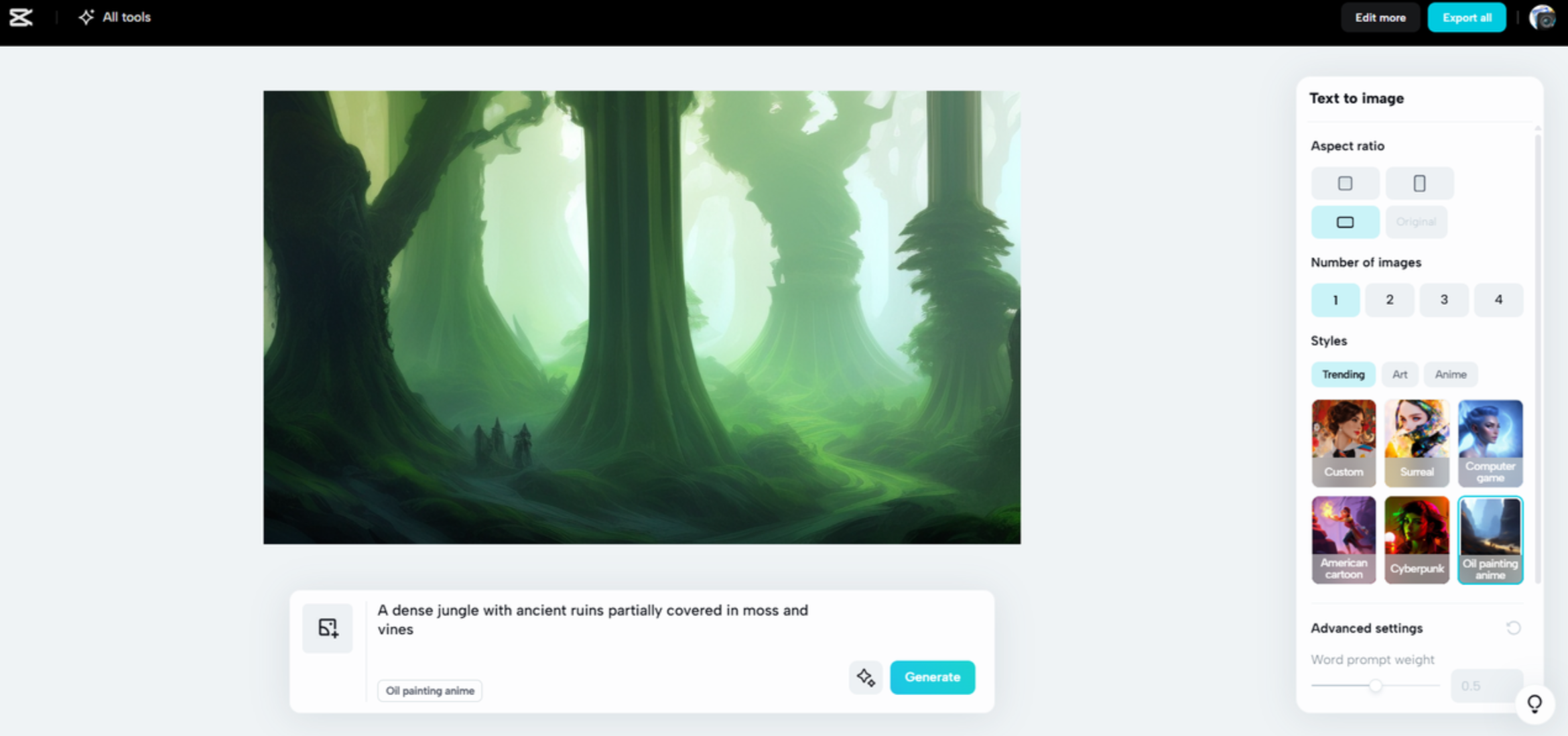 Oberfläche von CapCut Web – eine schnelle Möglichkeit, Bilder mit KI zu erstellen