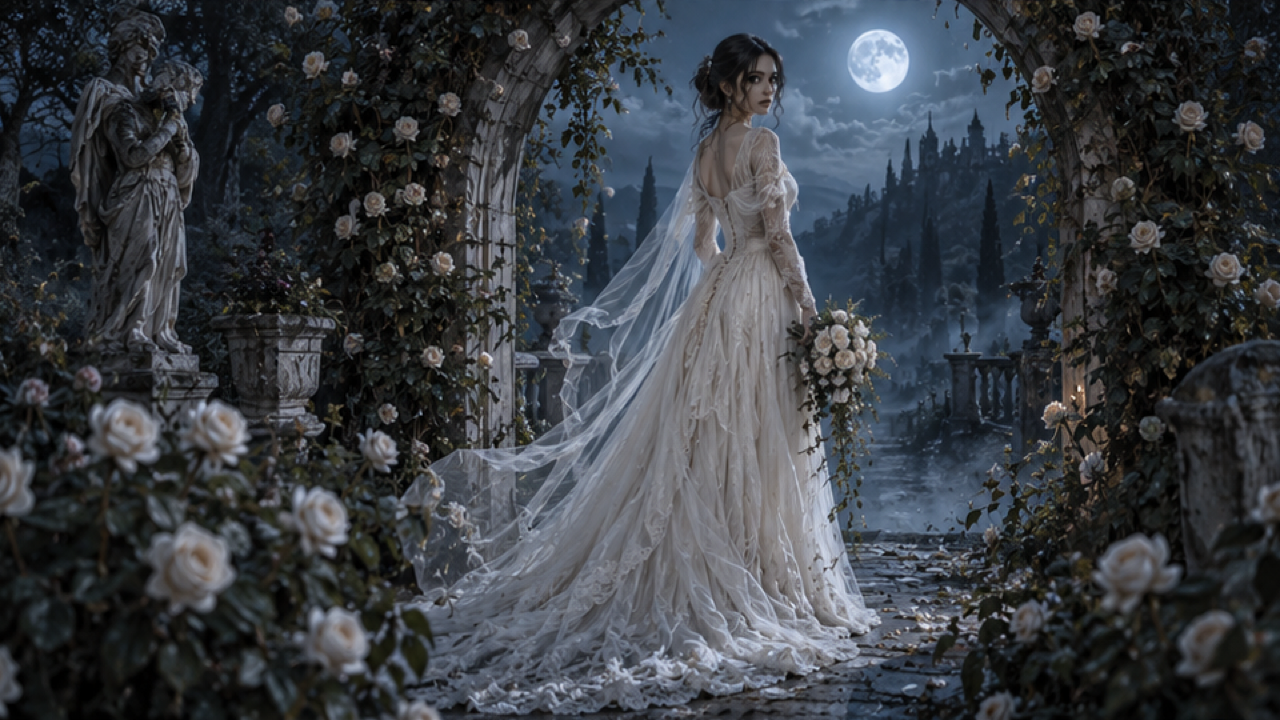 An adult spectral bride in a flowing ivory lace gown with a translucent trailing veil, overgrown rose garden, moonlit archway, pale bouquet, elegant haunted romance