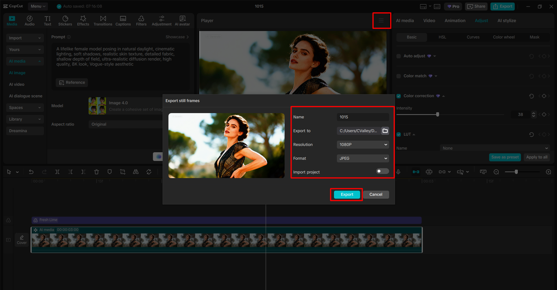 Exporting the image from the Capcut desktop video editor