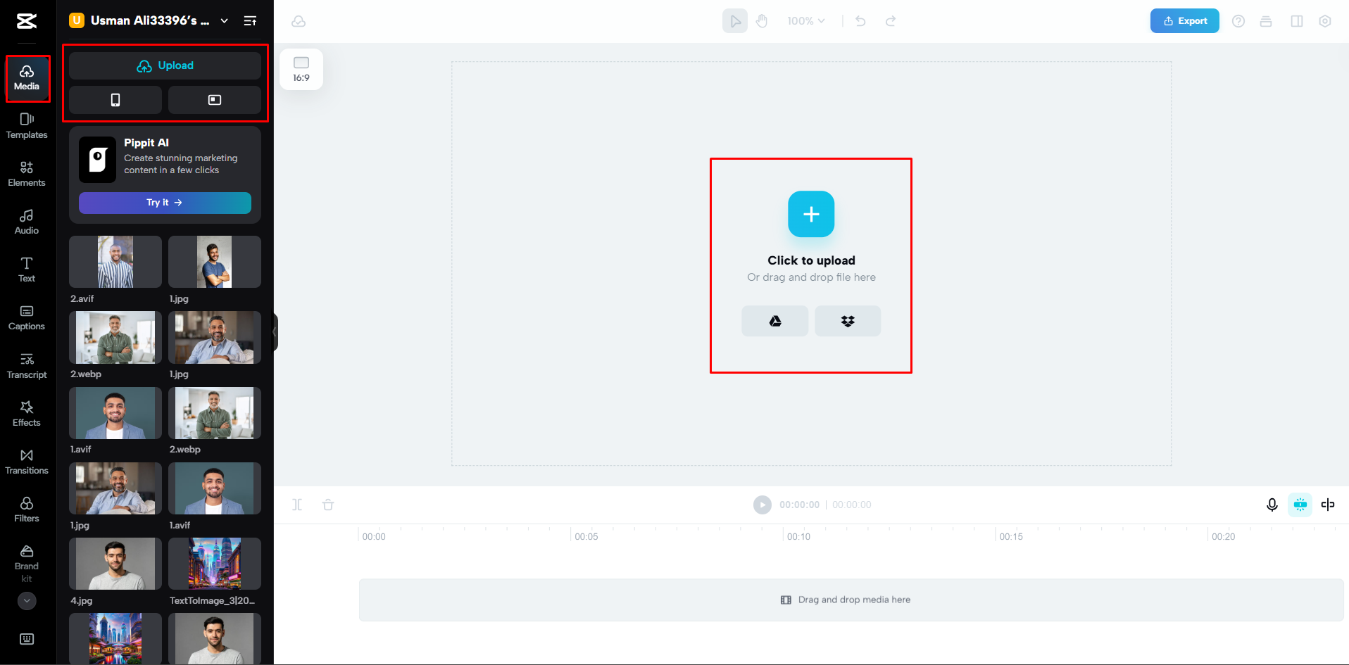 Uploading a video to CapCut Web