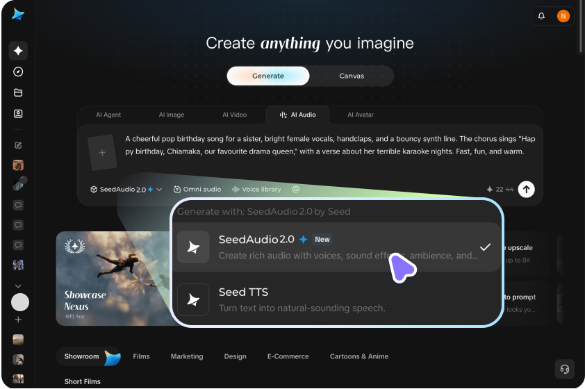  Selectați Seedaudio 2.0 și generați