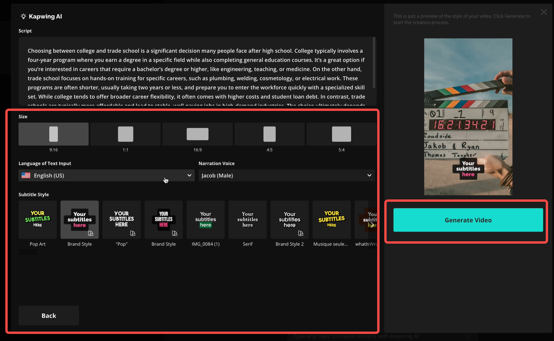 Adjusting the final settings before exporting video from the Kapwing AI video generator