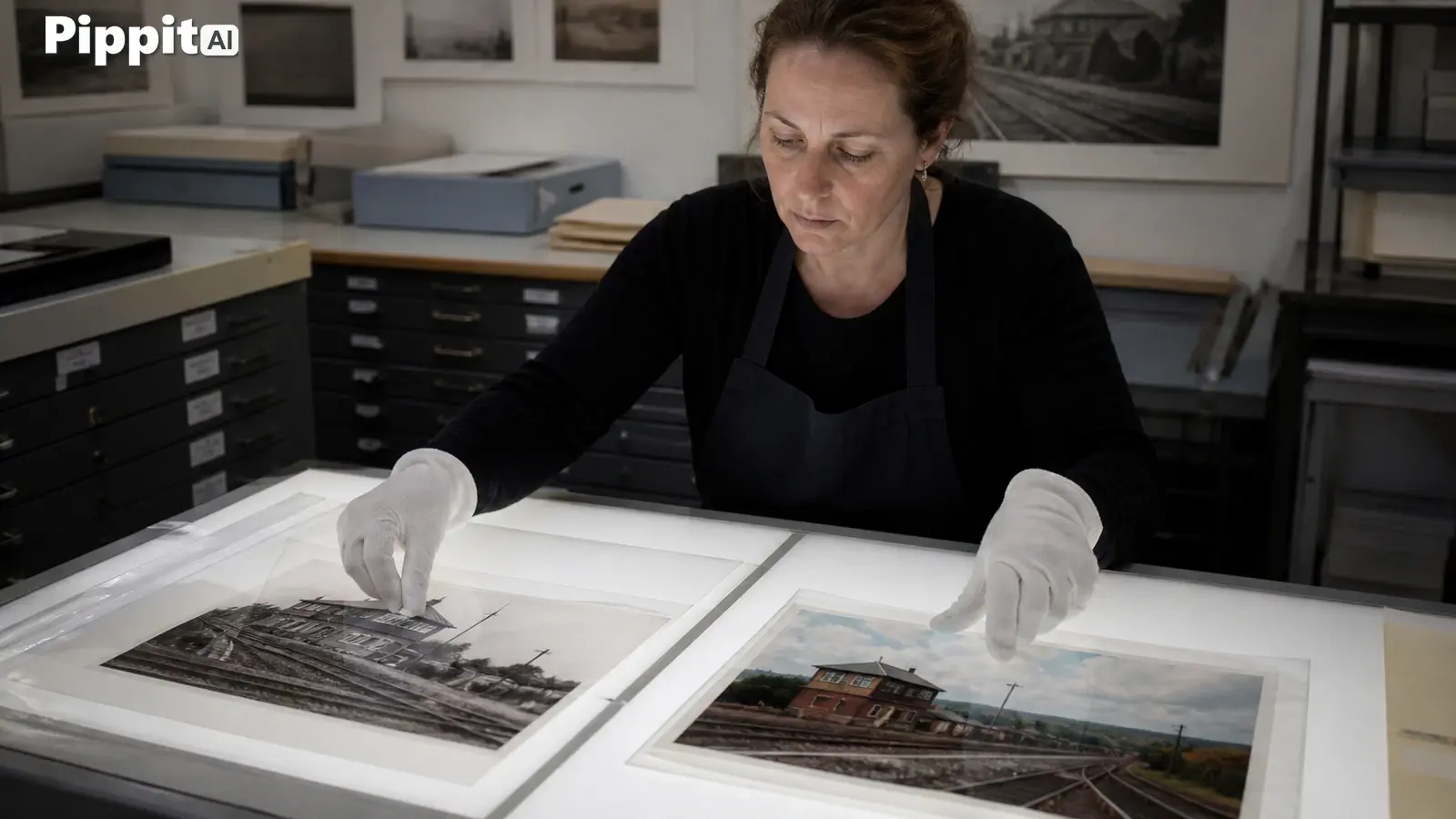 Archivist handling black-and-white and color train station photos on a light table