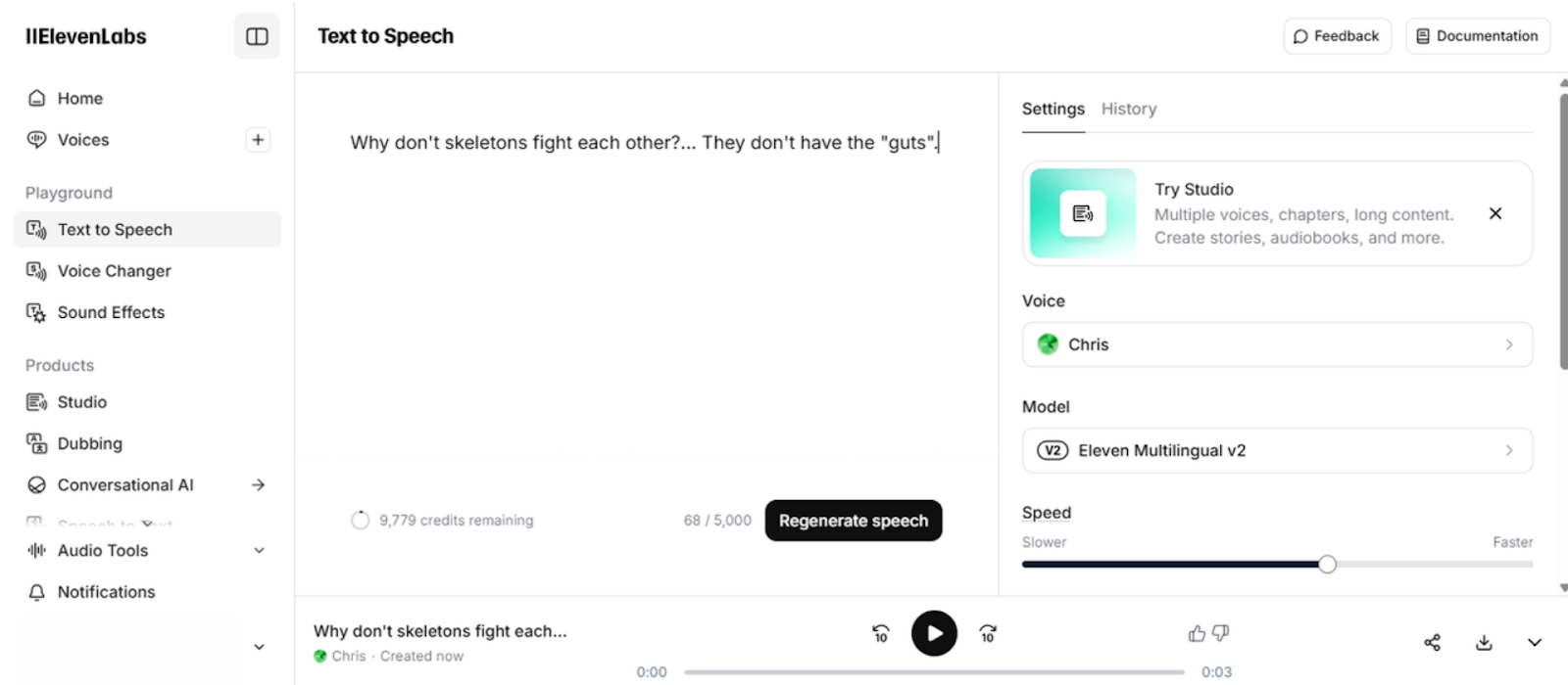 Interface ng ElevenLabs