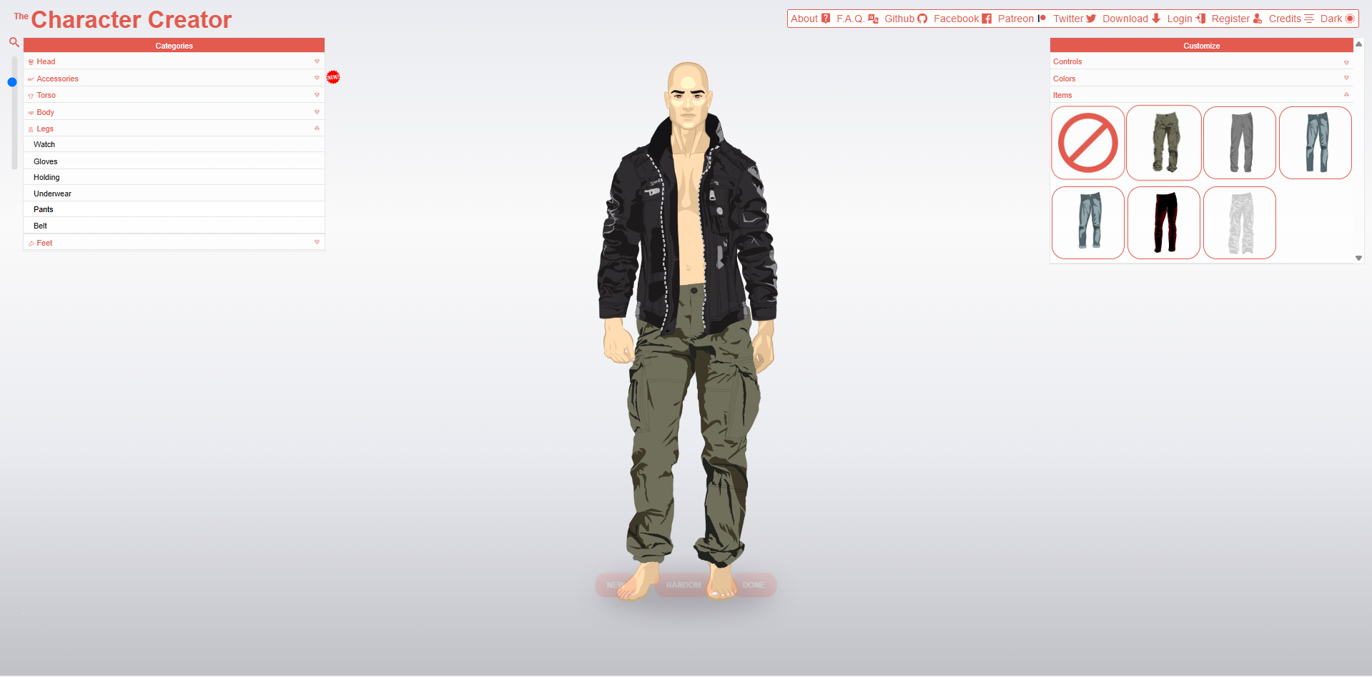 Interface of The Character Creator - the best free online character creator