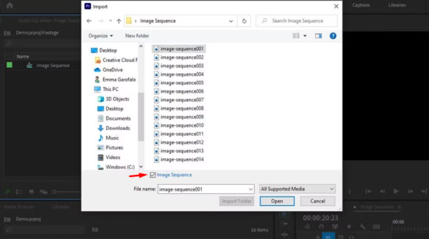 Showing how to import image sequences in Premiere Pro