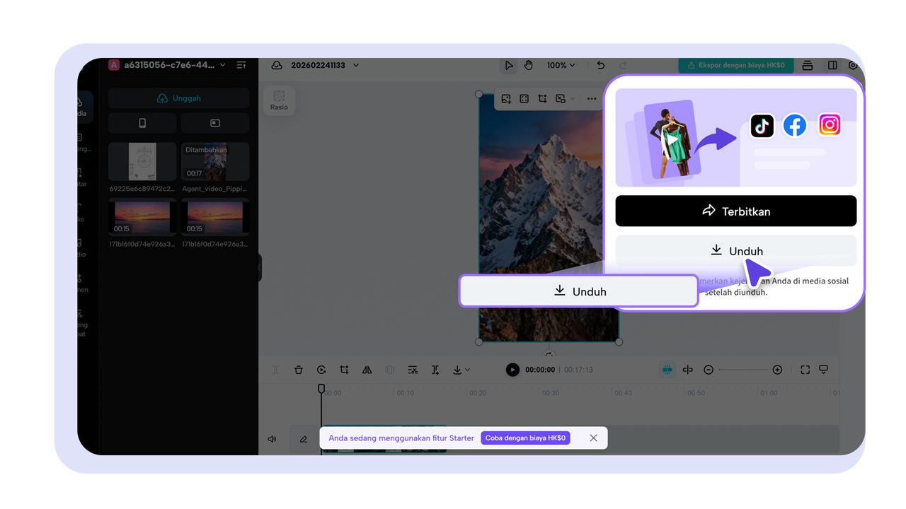 Ekspor video dan atur parameter, lalu publikasikan ke platform media sosial.