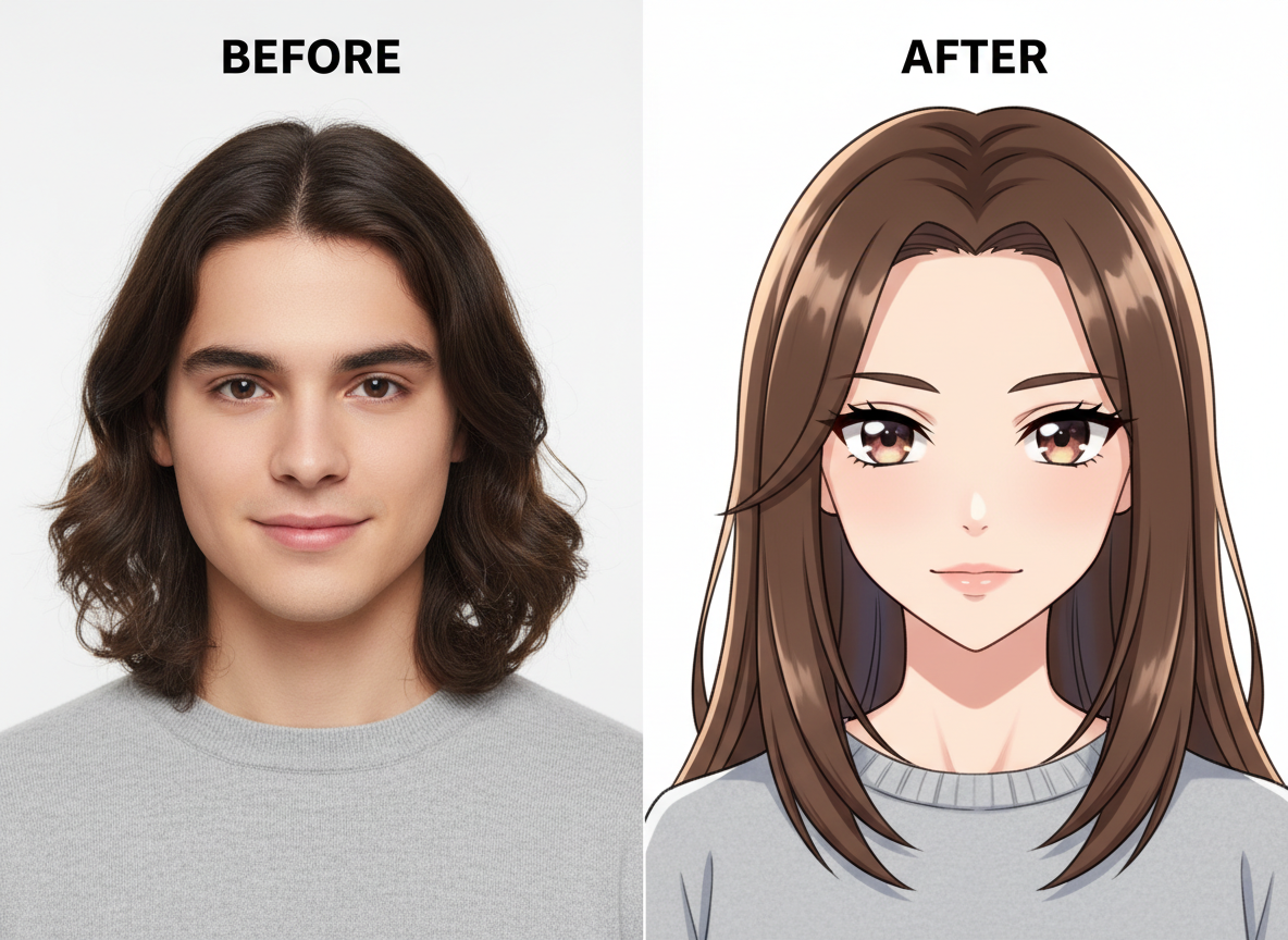 Valokuva-anime-vertailu: realistinen muotokuva ja tyylitelty animeversio jaettu näkymä.