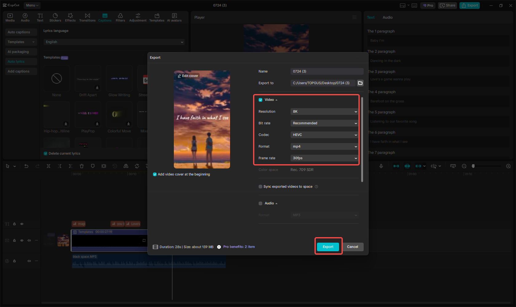 Export the lyric reel