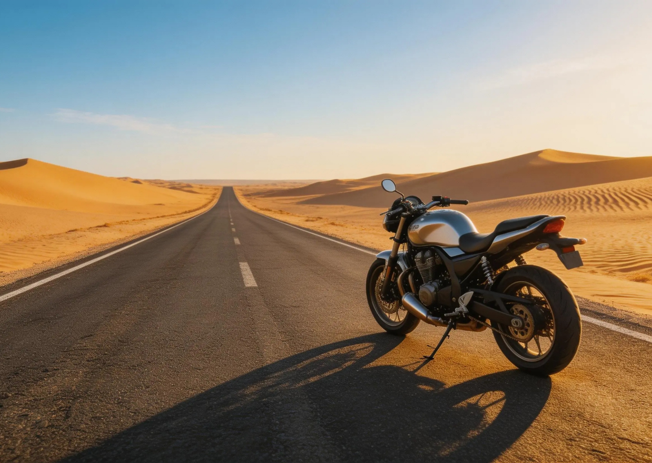 Generate a dramatic desert highway background for the motorcycle