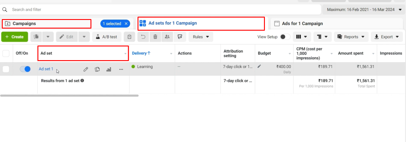 Image showing how to set up an ad set in Meda Ads Manager