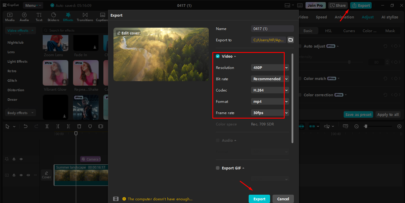Exporting the recording from the CapCut desktop video editor
