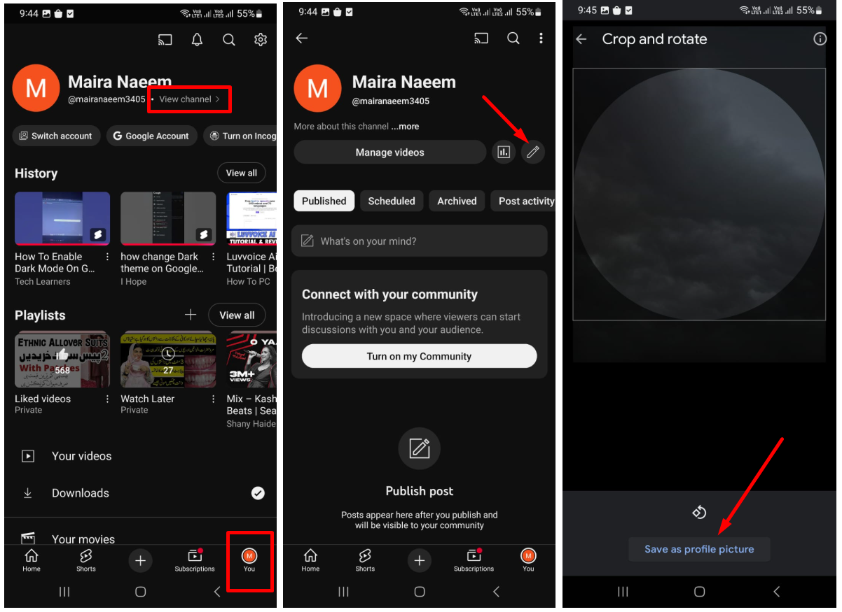 Interface showing how to change your YouTube profile picture on Android