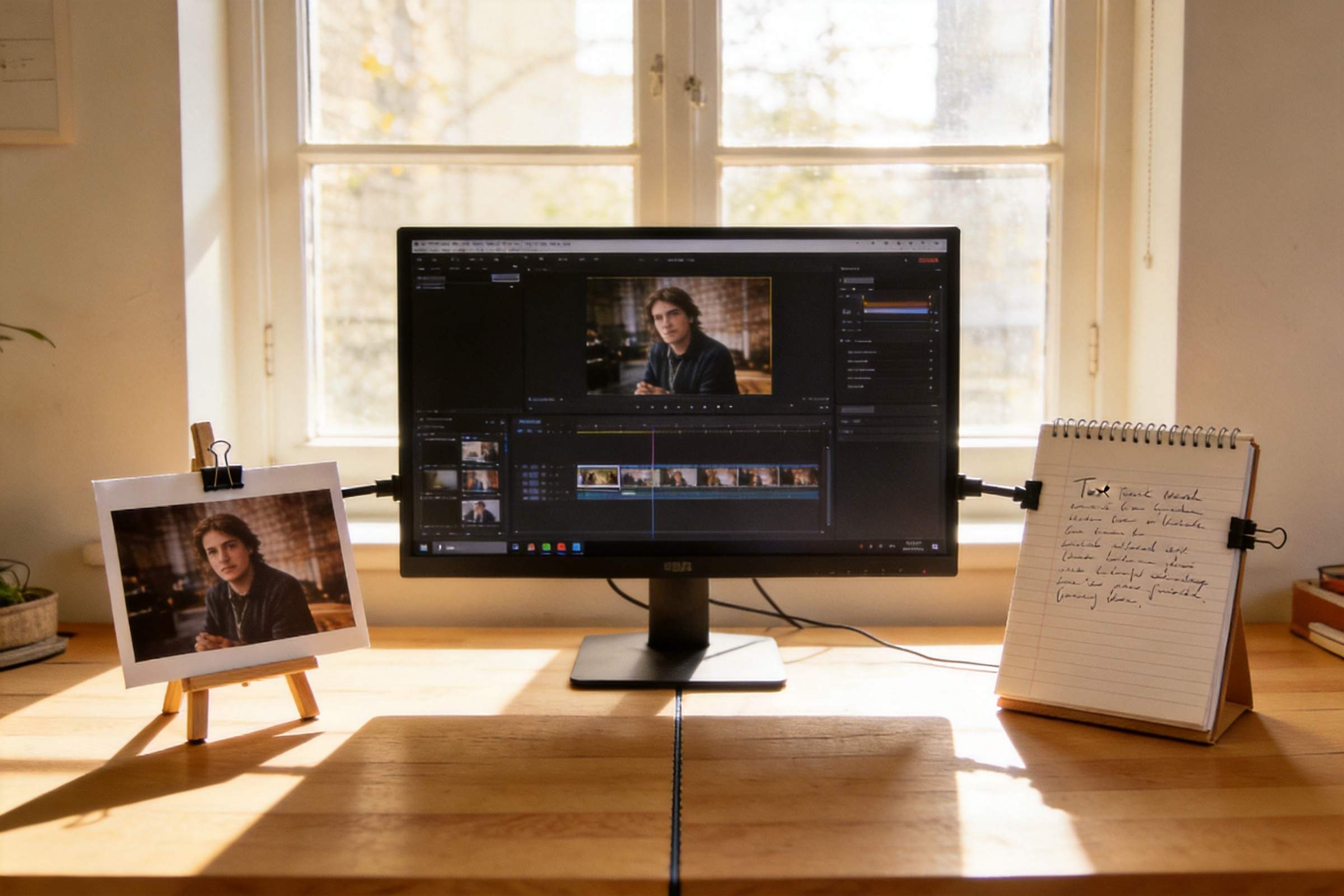 Video editing workspace with a monitor, reference photo, and handwritten notes on a desk
