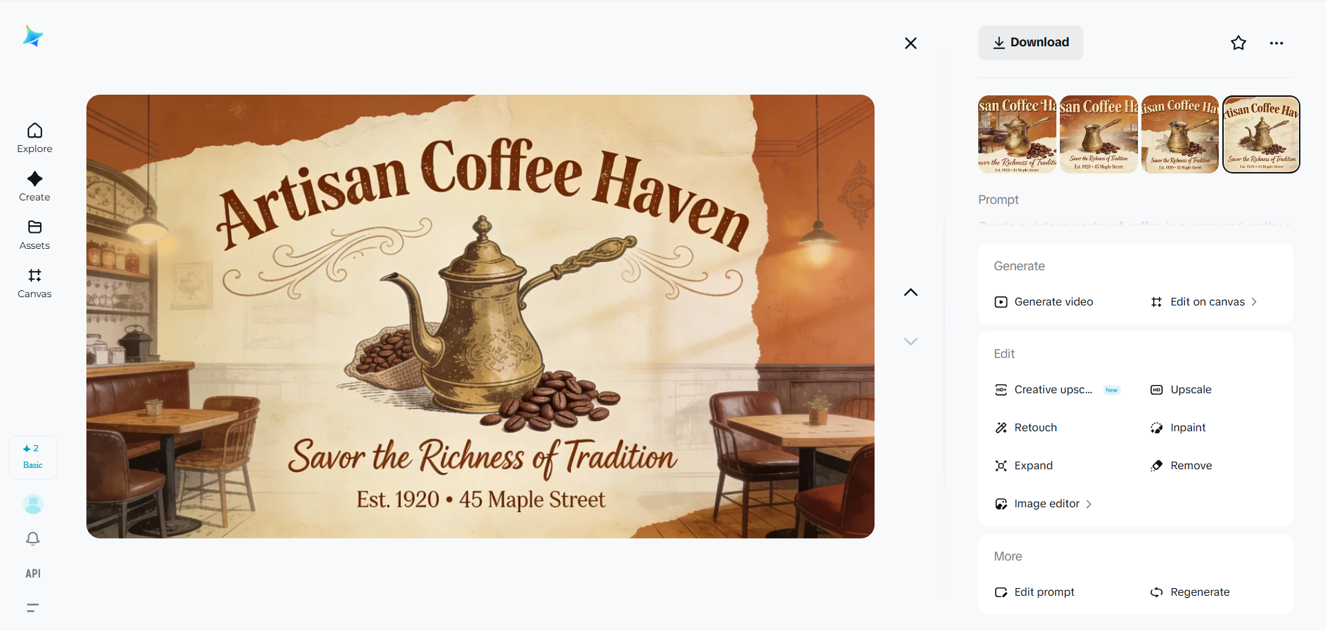 Tangkapan layar yang menunjukkan kreasi poster kopi vintage di Dreamina