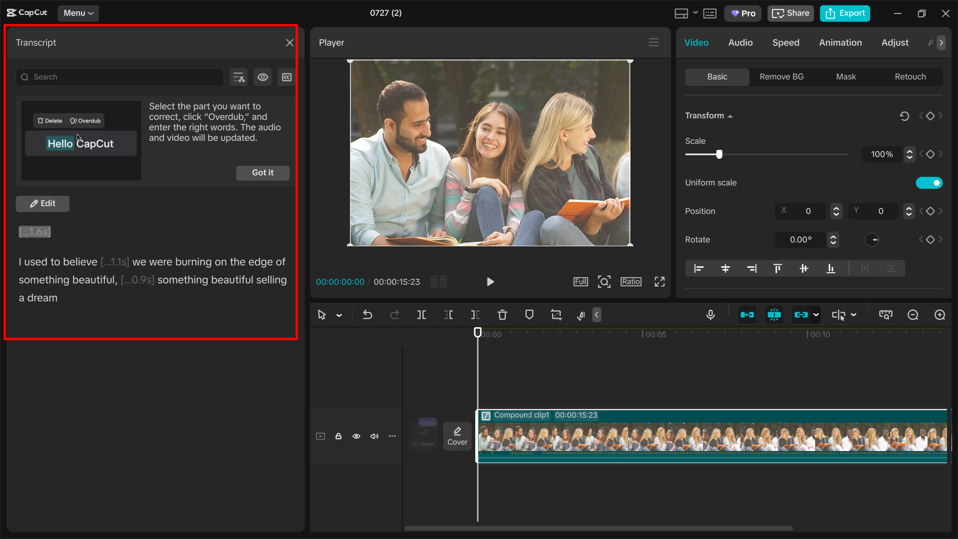 Transcrevendo seu vídeo no editor de vídeo para desktop CapCut
