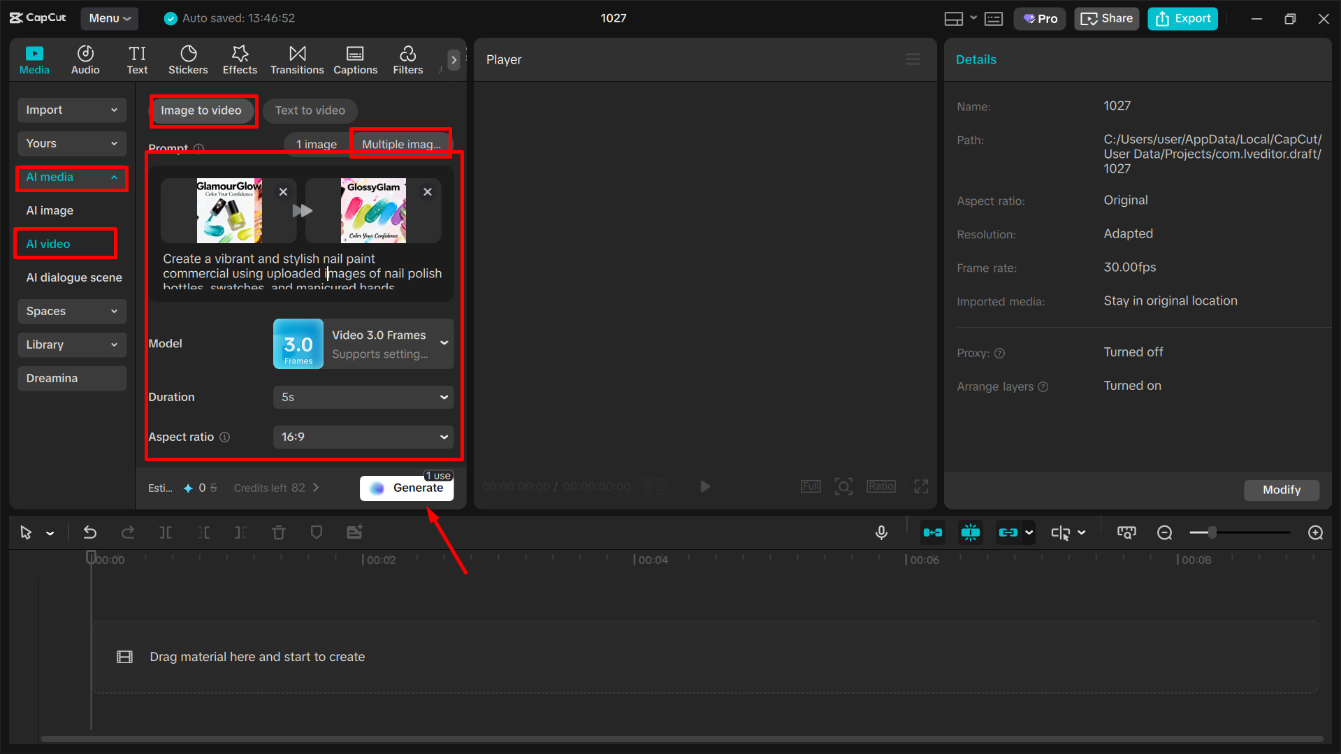Generating video from images in the CapCut desktop video editor