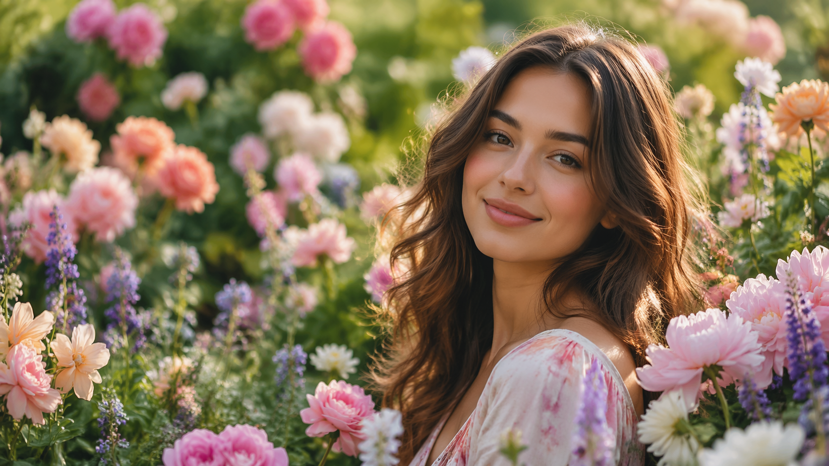 Dreamina fügt Blumen zur Fotoaufforderung hinzu Beispiel 4: Blühender Gartenhintergrund