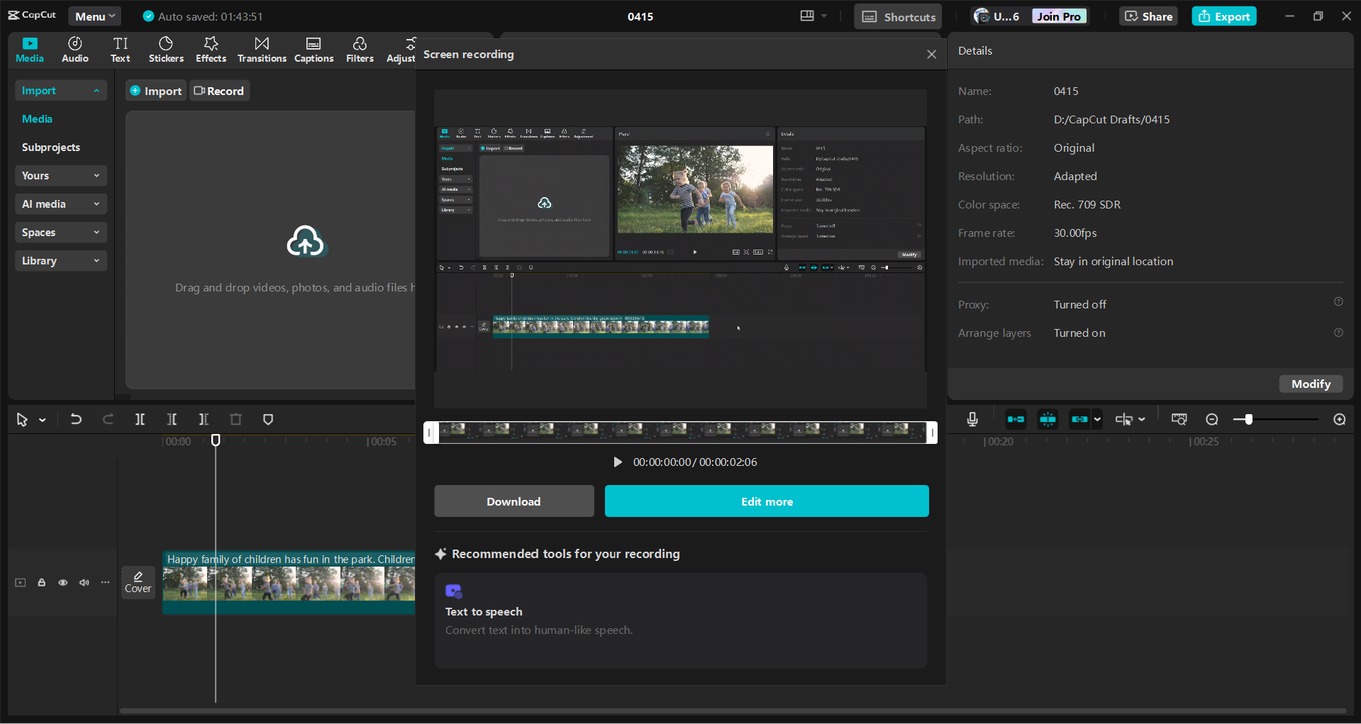 Interface of the CapCut desktop video editor - the best free screen recorder for PC without watermark