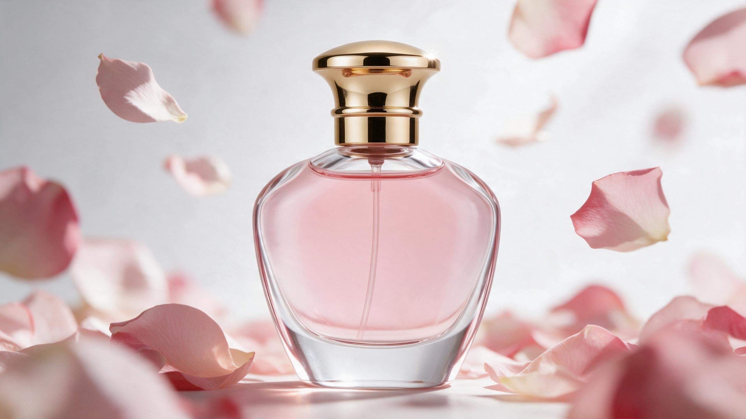 Pink perfume bottle surrounded by soft pink roses and petals in warm natural light.